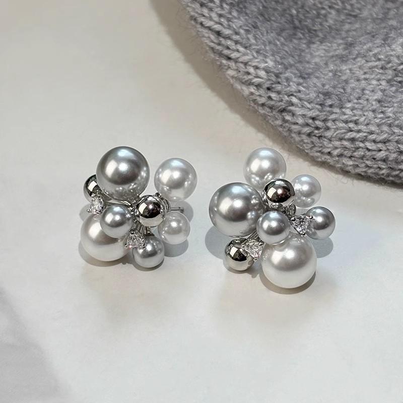 

Sterling silver diamond big pearl stud earrings, ear jewelry women s new popular light luxury high-end temperament earrings
