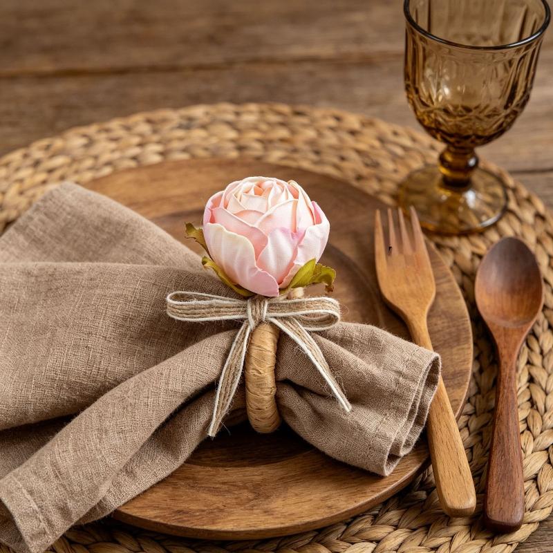 1Pcs Elegant Pink Peony Napkin Rings | Handmade With Burlap And Twine, Ideal For Weddings, Lunches, Picnics,Banquets, Birthdays