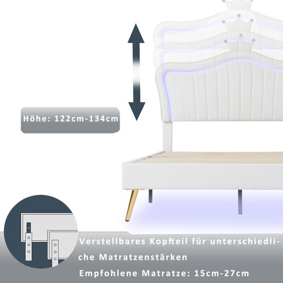 Bed Children Upholstered 90 x 200cm Frame for Girls White Crown Double Made of Faux Leather with LED Lights Slatted And Backrest (Mattress