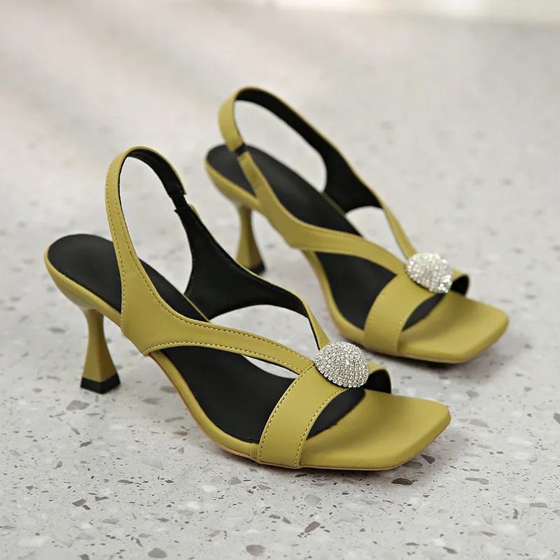 Women's High Heel Sandals Summer New Fashion Fairy Outwear Thin Heel Open Toe Rubber Bottom Square Head PU Leather