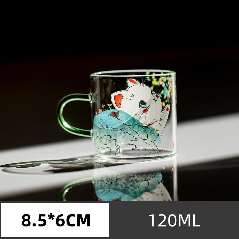 Cute  Fortune Cat Tea Cup With Handle Glass Lucky Cat Pattern Espresso Cup Coffee Mug Mini 120ML 101-200ml