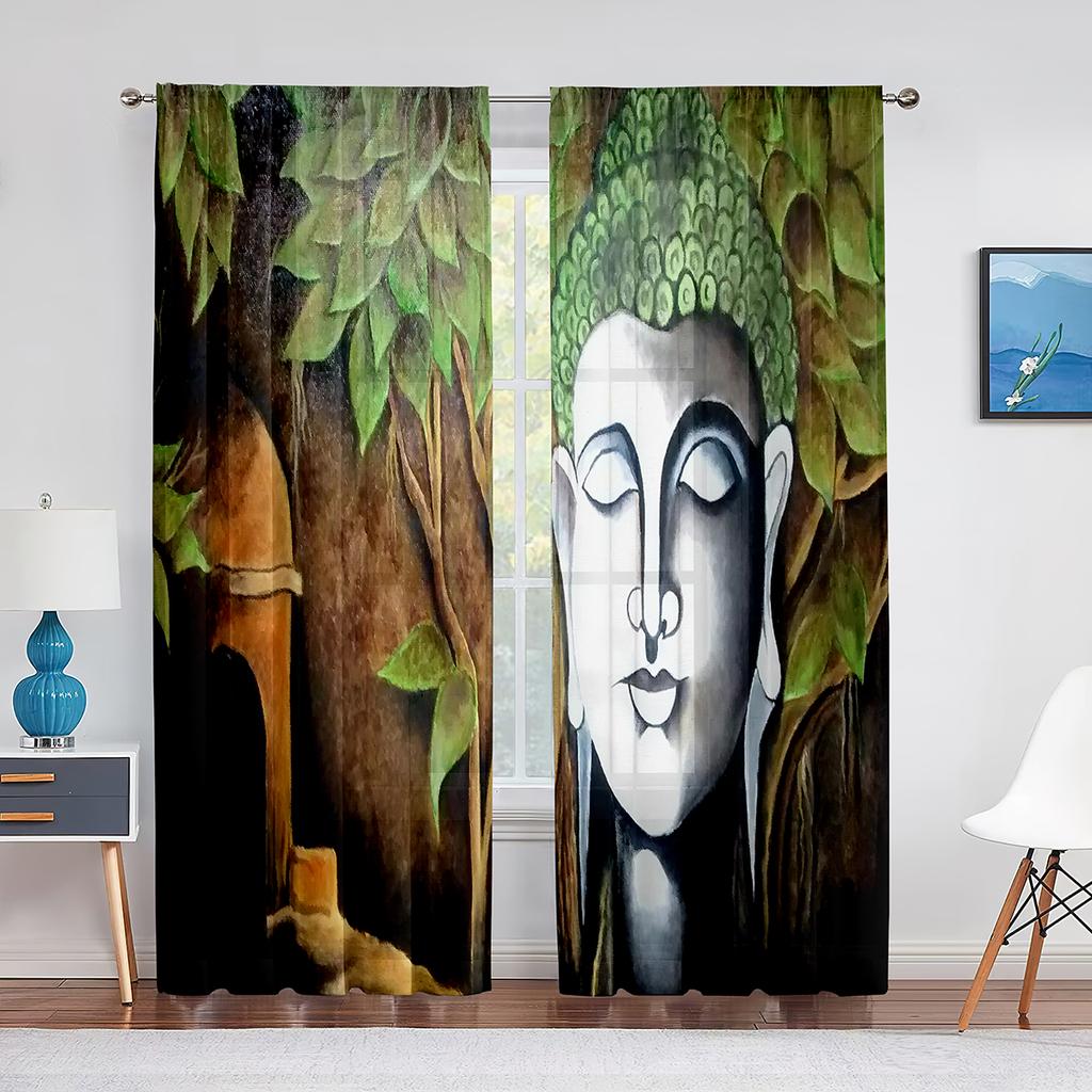 Buddhist Buddha Statue Golden Light Sunset Thin Curtain for Living Room Kitchen Window Bedroom Decor Curtains 2panels Rod Pocket