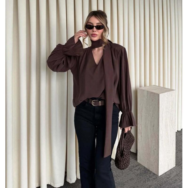 2026 Womens Long Sleeve Blouse With Ruched Detail Tie-Neck Puff Slimming Fit Elegant Casual Shirt