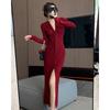 2024 Autumn French V-Neck Retro Long-Sleeve Slit Dress for Mature Women