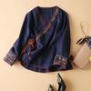Spring Summer Ethnic Style Cross V Neck Embroidered Shirt Women Long Sleeve Lace-up Blouse Embroidery Casual Sweet Tops Vintage Casual Simple Clothing