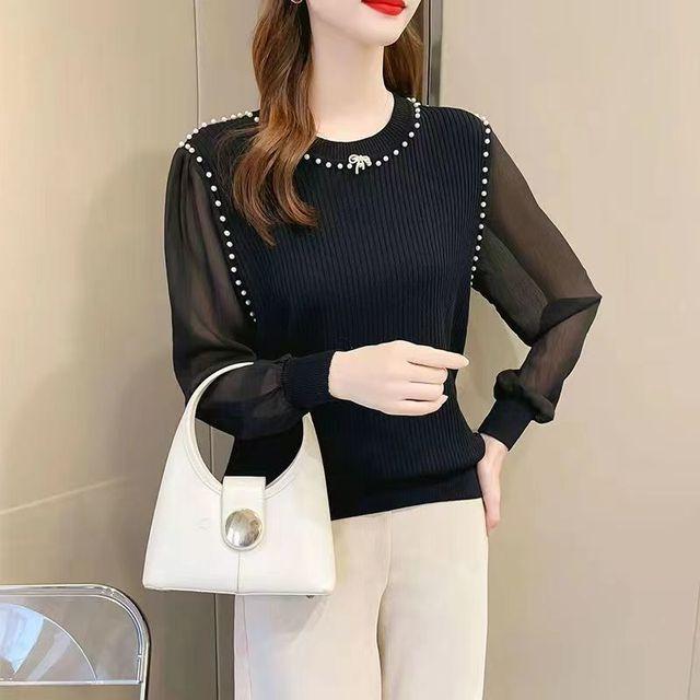 

Трикотажная рубашка из ледяного шелка, женский свободный топ с бисером, весна-осень, новая шифоновая белая блузка с длинным рукавом для мамы с тонким дном XL чёрный