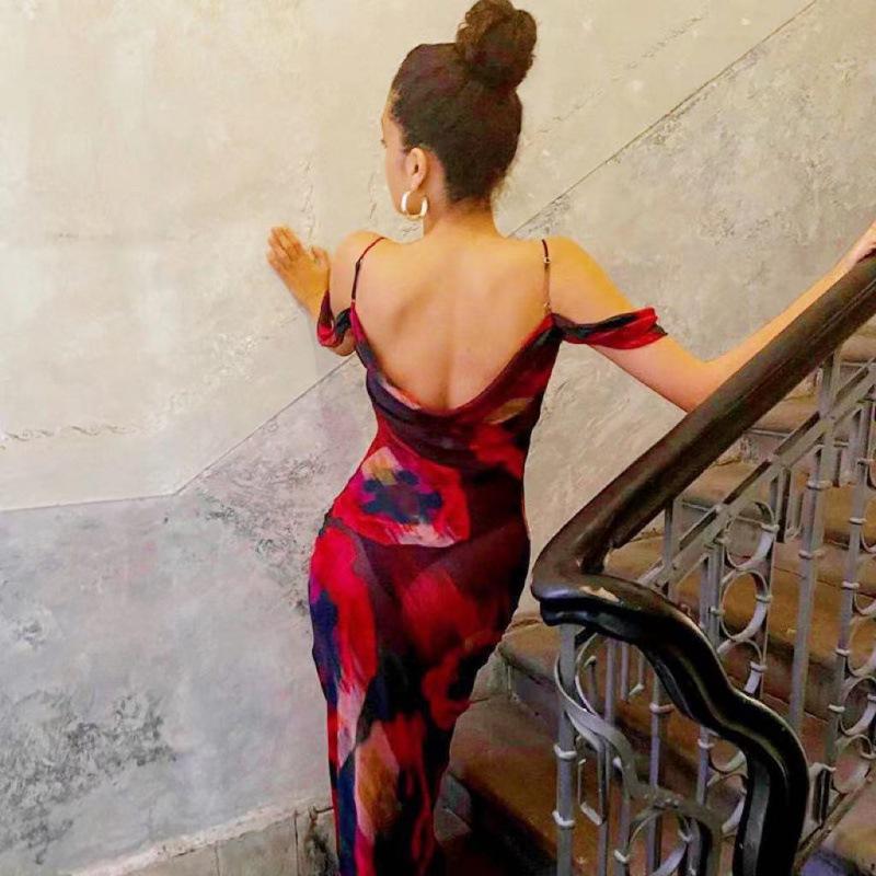 Women's Summer Printed Halter Sleeveless High Waist One Shoulder Long Dresses