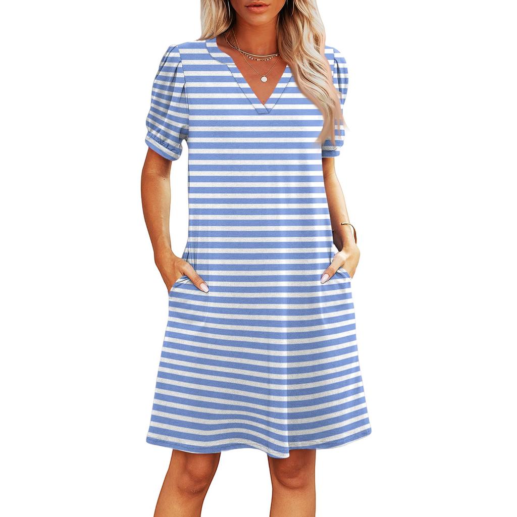 Dámské letní ležérní plážové šaty s výstřihem do V, s krátkým rukávem, pruhované, s geometrickým potiskem