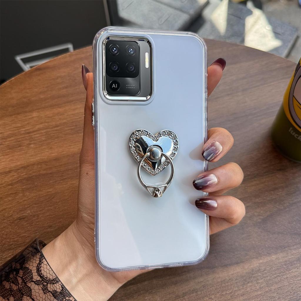 Luxury Bling Rhinestone Heart Ring Bracket Clear Phone Case for OPPO Reno5 Lite,A94 4G Stand Cover