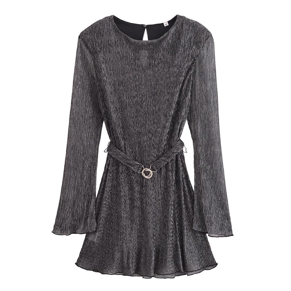 Spring 2025 Women's European & American Style Casual Pleated Dress with Simple Round Neck