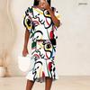 Women Plus Size Round Neck Batwing Sleeve Abstract Printed Ruffle Top Fishtail Skirt Two Piece Set