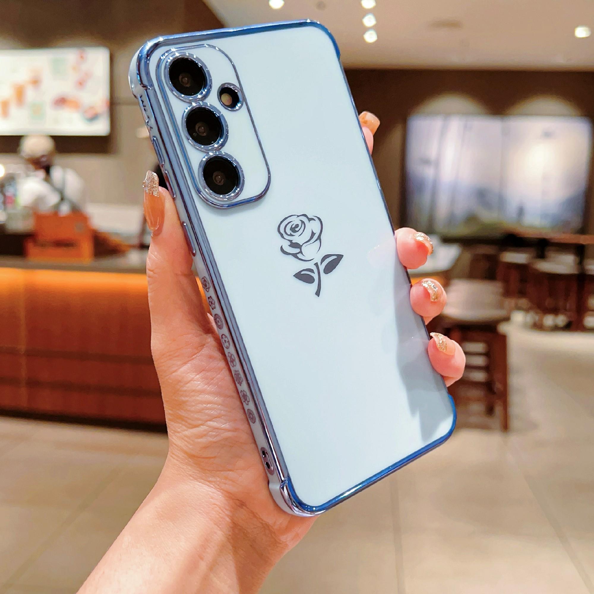 

For Samsung Galaxy A55 5G Case Electroplating Edge Rose Pattern TPU Phone Back Cover Airbag Drop Proof Blue