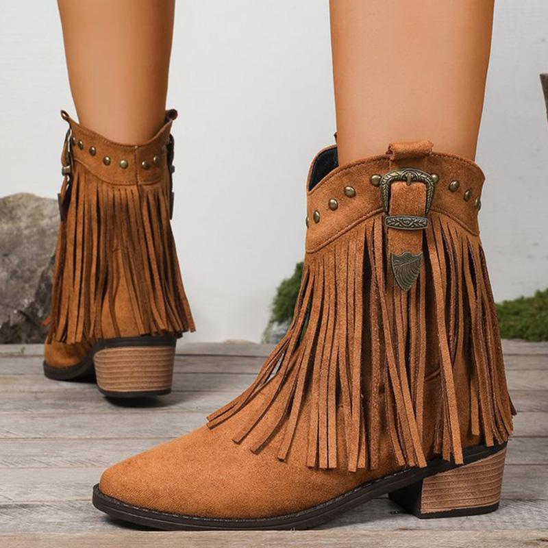 Fashion Vintage Tassel Detor Ankle Boots Women Spring Autumn Pointed Toe Square Heel Boots Woman Fashion Slip On Plus Size Booties Lady