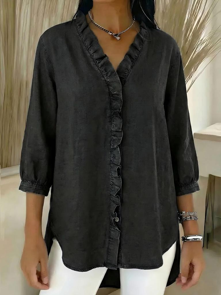2026 Spring Women's Casual Faux Denim Ruffle V-neck Shirt