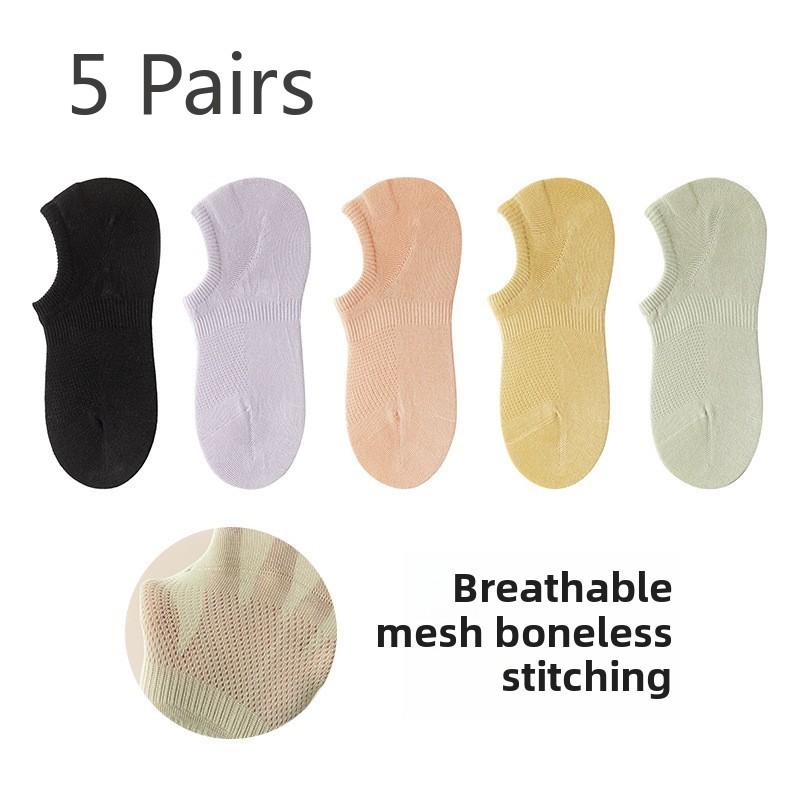 5 Pairs of Female Summer Pure Cotton Deodorant Mesh Thin Style Breathable Boneless Invisible Boat Socks