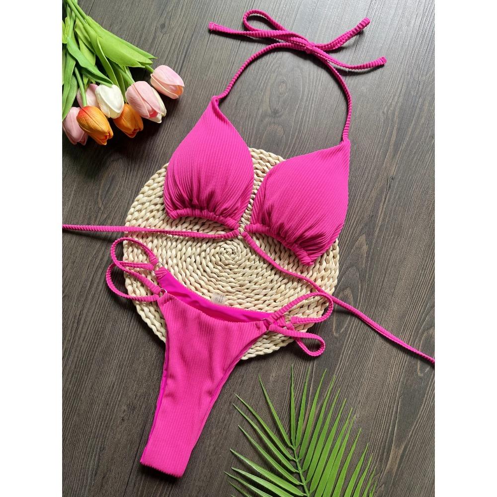 Bandage Swimsuit Women Sexy Bikini Ribbed Swimwear Triangle Bikini Set Two Piece Suit Beachwear Micro Thong Biquini