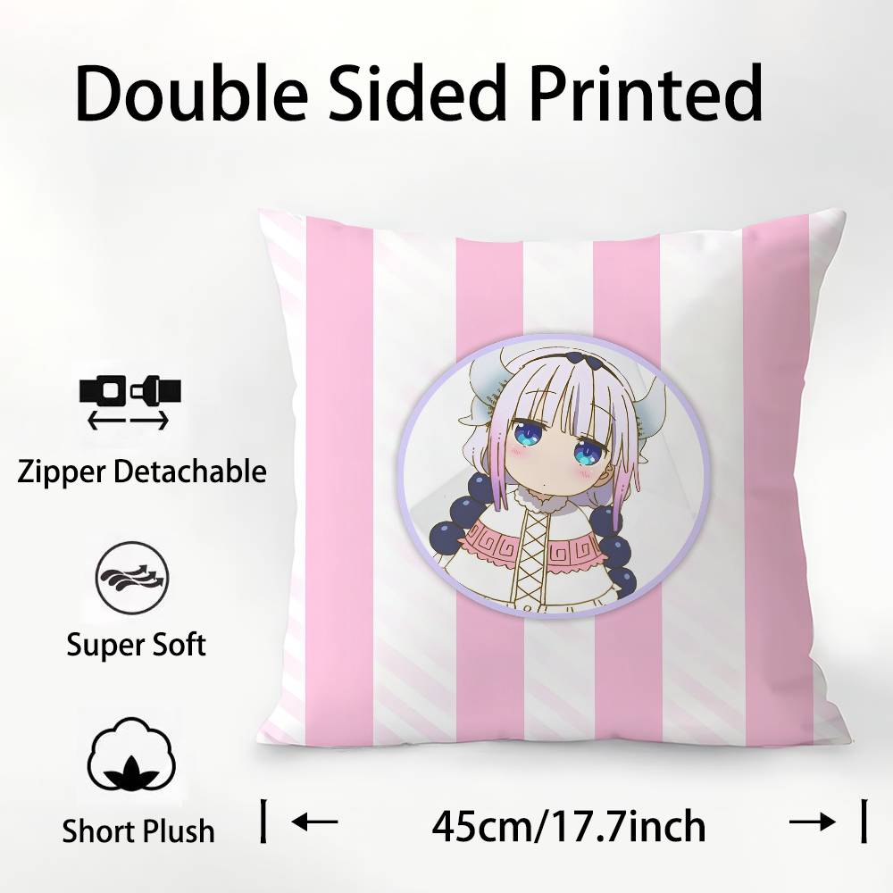 Anime Miss Kobayashis Dragon Kobayashi Kanna Pillow Case Square Double‑Sided Print Cushion Case For Sofa Home Bedchamber Decor