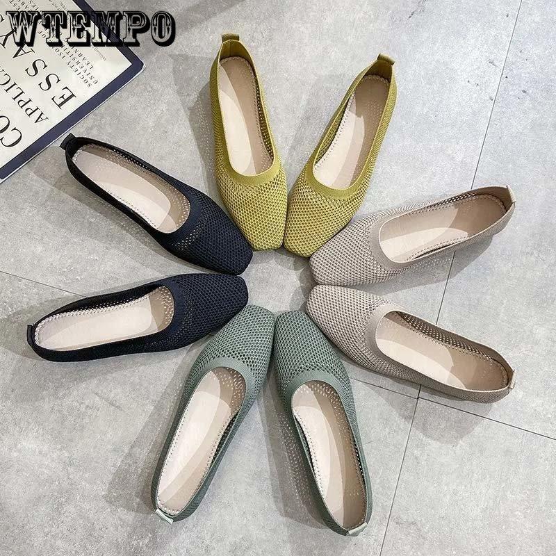 WTEMPO Soft Sole Single Shoes Women's Spring and Summer Square Toe Mesh Low Square Heel Solid Color Knitted Hollow Breathable Non-slip Woven Shoes