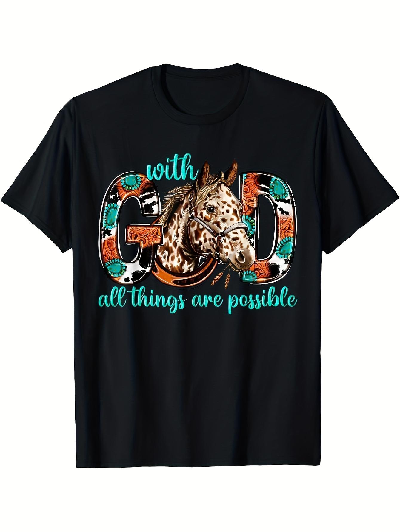 MenS Christian Faith TShirt  with God All Things Are Possible Bible Verse Design Black Religious Apparel with Horse  Cross S