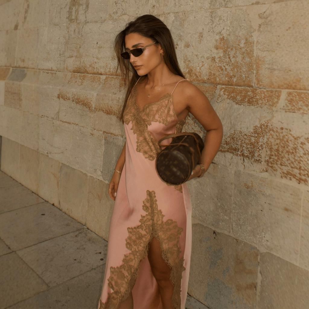 Women's clothing European and American pink lace splicing suspender dress women's spring and summer new sexy nightdress satin dress
