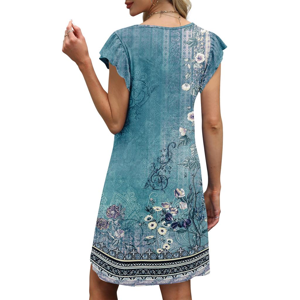 Womens Summer Dress Ruffle Sleeve V Neck Short Dresses Fashion Casual Flowy A Line Swing Sundress With Pocket
