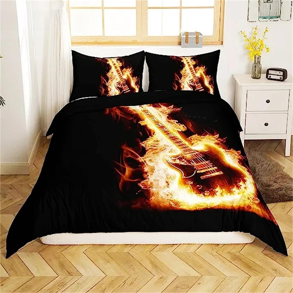 3D Rock Music Themed Guitar Colorful Duvet Cover Fire And Water Bedding Set Modern Gorgeous Microfiber Polyester For Boy Gifts