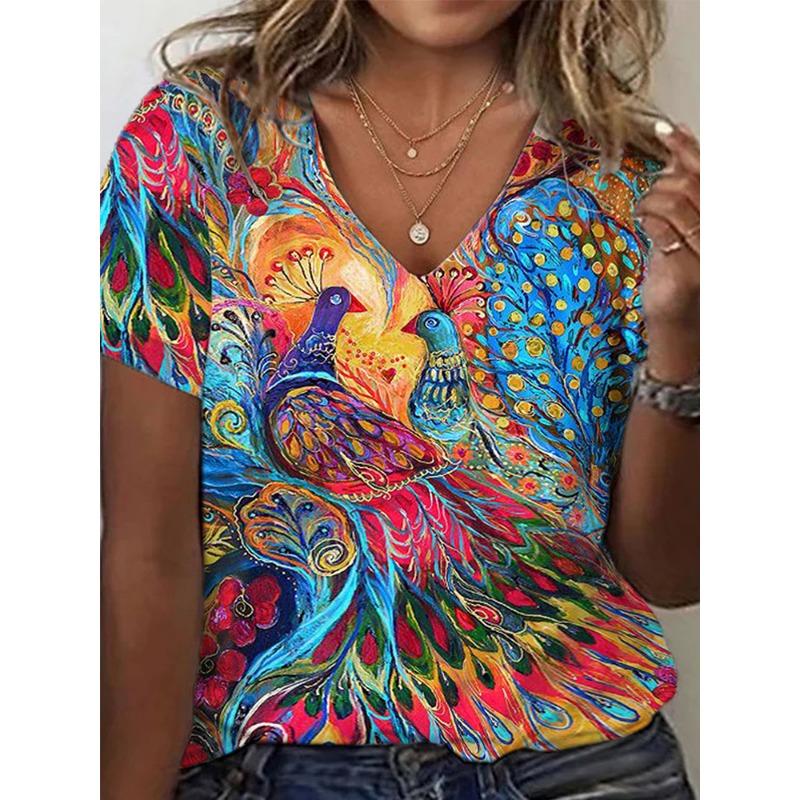 

Большие размеры повседневные топы женские большого размера с принтом павлина короткий рукав V-образный вырез средняя эластичная футболка лучше всего подходит для лета 5XL
