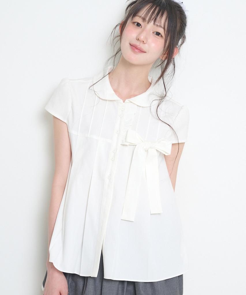 ILLIGO Ribbon Pleated Short Sleeve Blouse White