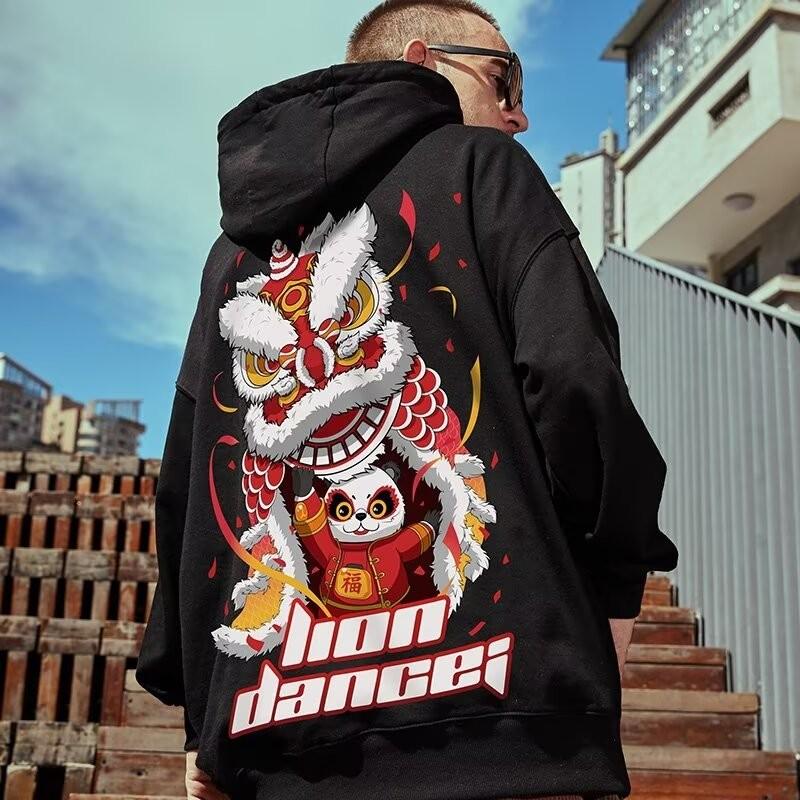 M-8XL American Fashion Hoodie China-Chic Element Giant Panda Print Loose Warm Hooded Sweatshirt