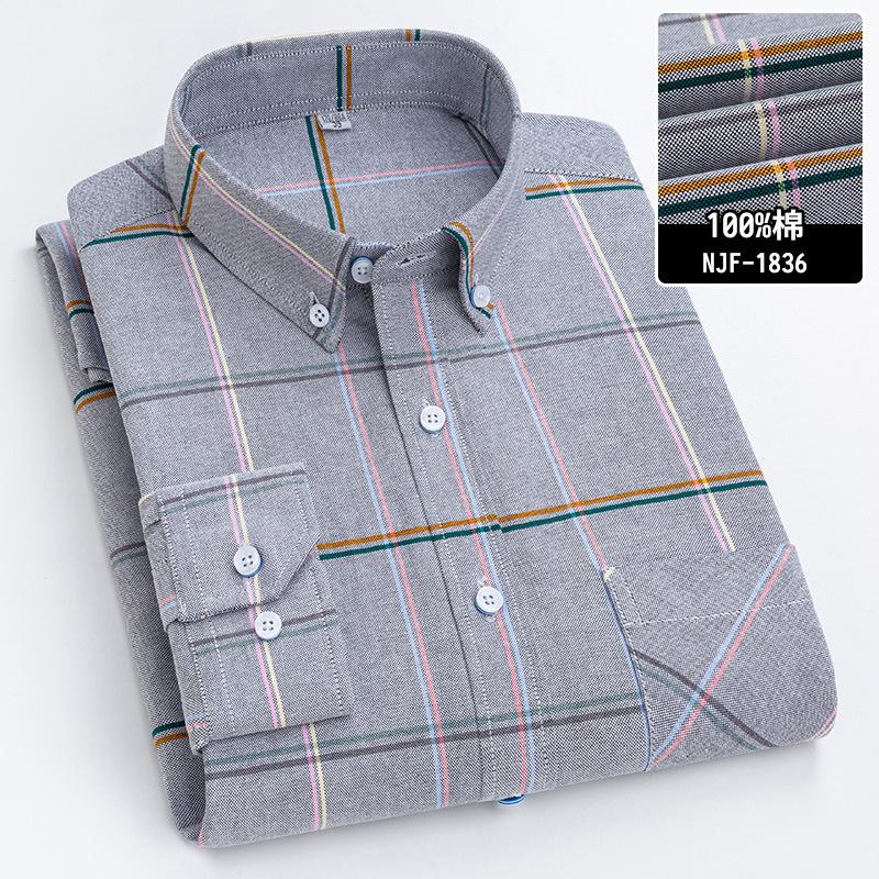 New Pure Cotton Business Men Oxford Shirt Long Sleeve Casual Plaid Striped with Chest Pocket Non-iron Autumn Spring