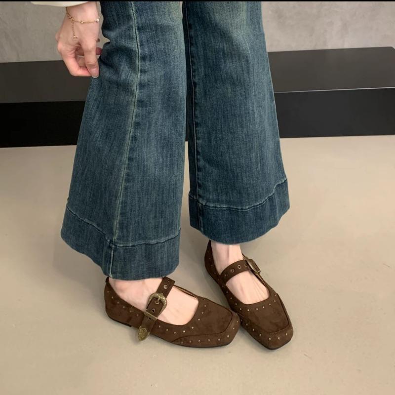 Autumn New Retro One-word with Square Head Mary Jane Shoes Fairy Flat Bottom Shallow Mouth Single Shoes Grandma Shoes