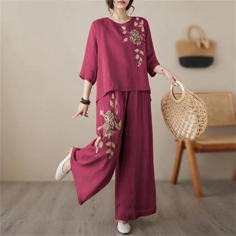 Damen Mode Baumwolle Leinen Bluse Koreanische Frauen Stickerei Zweiteiliger Anzug Sommer Damen Große Größe Weite Hosen