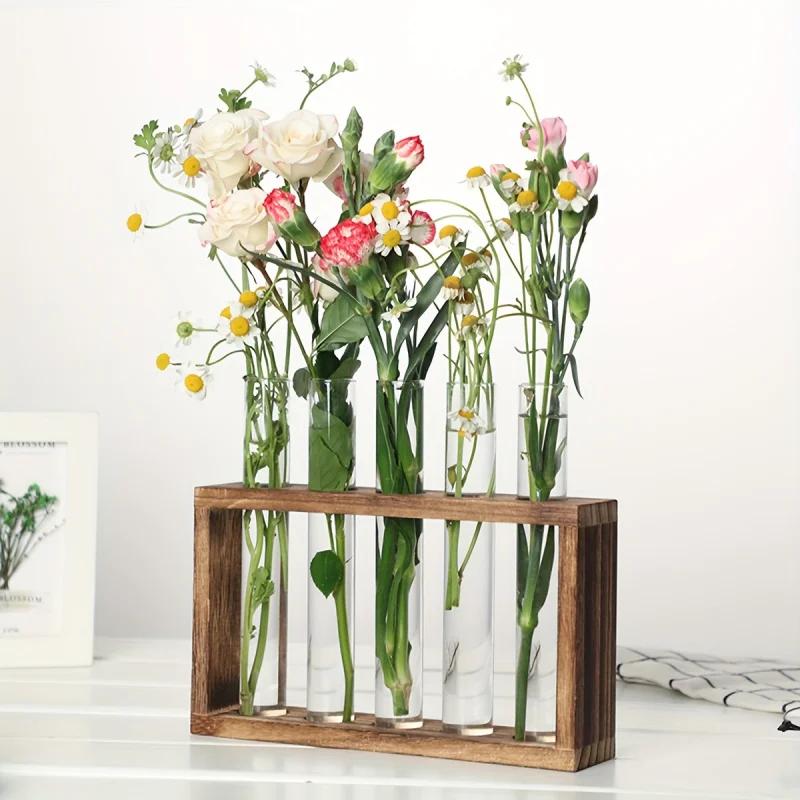 Hydroponic green plant test tube vase water-grown flower arrangement plant container simple wooden frame decoration creative gla