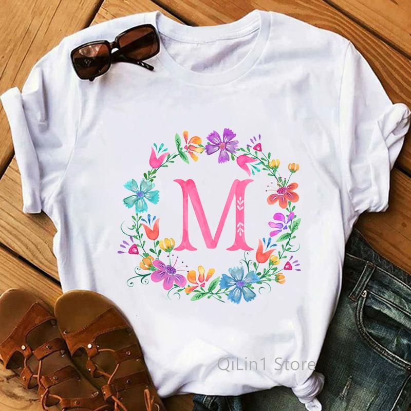Floral Alphabet M Letter Print T-Shirt Women Summer Cute Top Female White Casual T Shirt Femme Graphic Tees Girls Tumblr Clothes