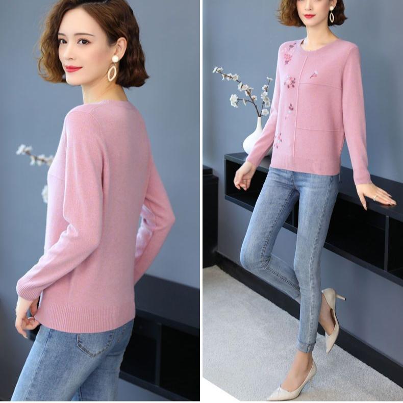 Women's Crewneck Sweater Embroidered Loose Plus Size Knitwear Pullover Stretch Knit Top Jumper Spring Autumn