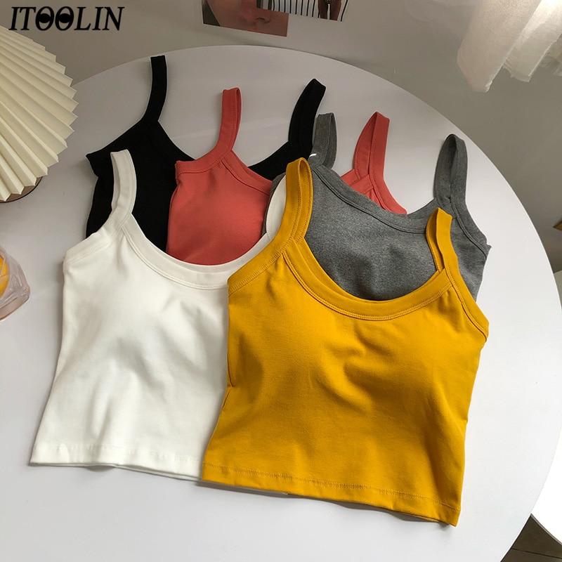 

ITOOLIN хлопковые женские укороченные топы, повседневные однотонные майки с подкладкой для бюстгальтера, тонкие спортивные топы на бретелях с открытой спиной для женщин, майка для бега