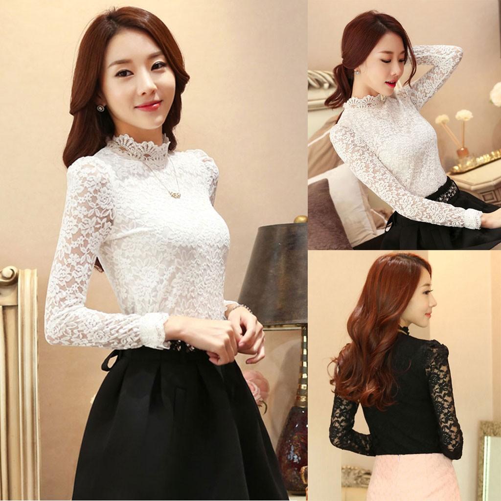 

Женщины с длинным рукавом кружева нижняя рубашка футболка сплошной цвет рубашка дикий верх