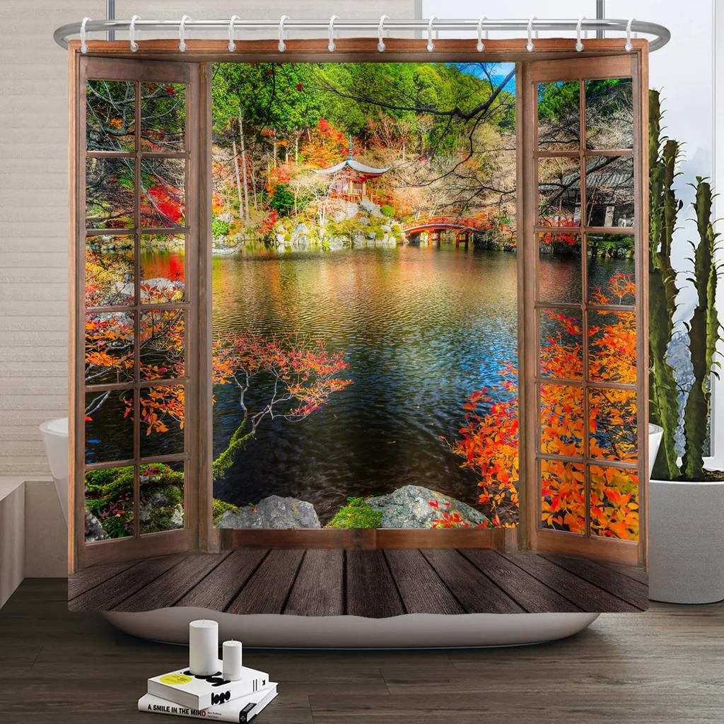 Fall Forest Natural Scene Shower Curtain for Bathroom Autumn Maple Tree Plants Rural Landscape Pumpkin Waterproof Shower Curtain
