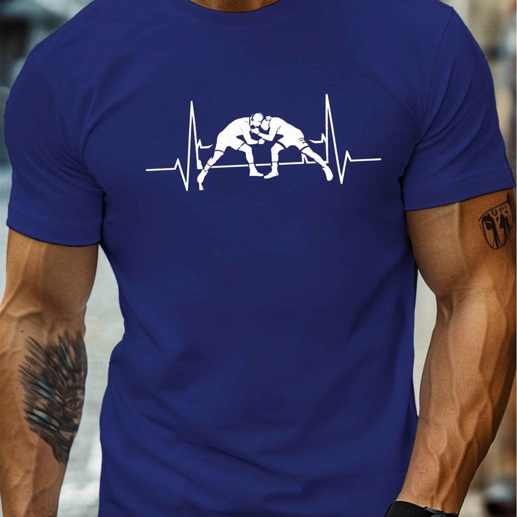 Wrestling Heartbeat Graphic Tee Men Casual Short Sleeve Crew Neck Cotton T Shirt Breathable Sports Shirt