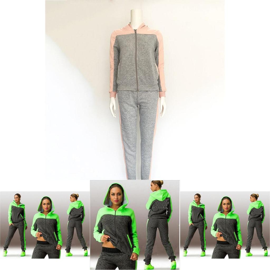 Elegant Splicing Contrast Color Sweater Sports Suit 2pcs Pullover Hoodie Sweatshirt