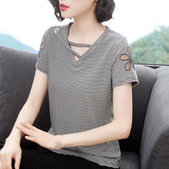 Women T-shirt V Neck Hollow Out Summer Short Sleeve Loose Blouse for