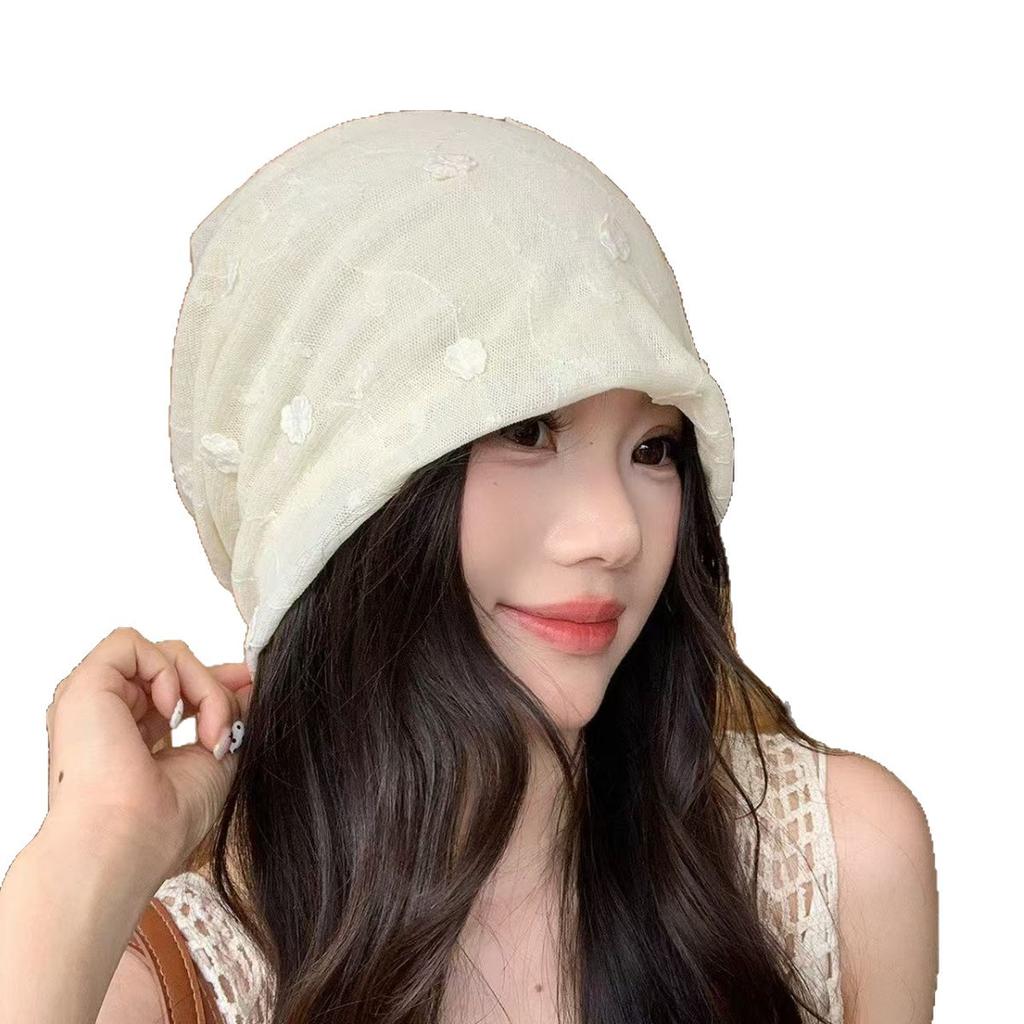 New small flower tulle headscarf hat women's spring and summer breathable mesh stacking hat showing face small headscarf hat