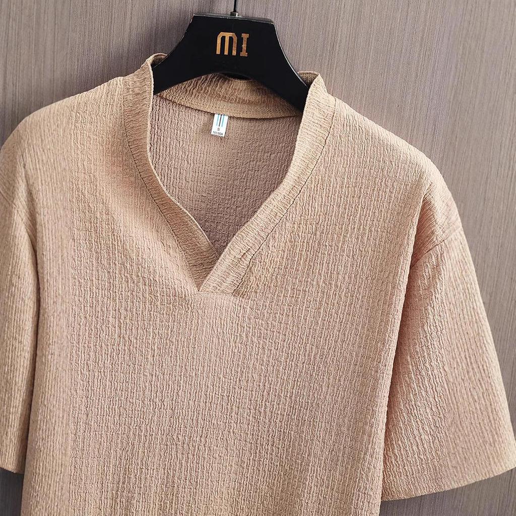 Set de vară la modă pentru bărbați din bumbac și in, din 2 piese, costum sport casual, tricou alb cu mânecă scurtă cu guler șal