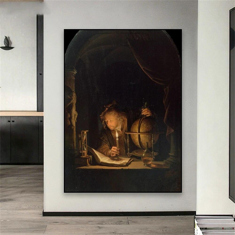 Pictură în ulei clasică Poster Astronom de la lumina lumânărilor Printuri Vintage Rustic Country Decor Pânză Pictură Home Galerie Decor