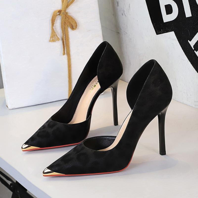 Fashion European American Style Pointed Toe Metal Side Empty Shallow Mouth Single Shoes For Women Leopard Print Slim Heels High Heels