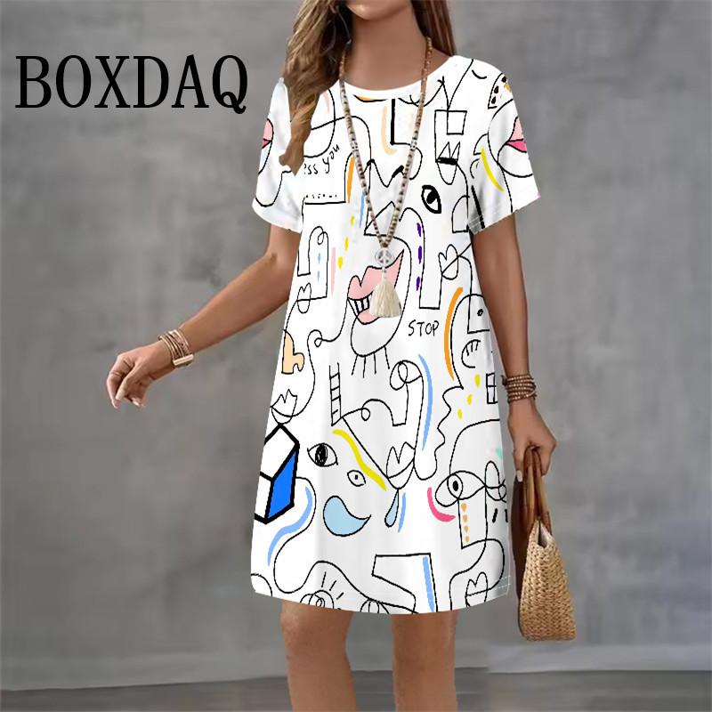 Summer Ladies Abstract 3D Printed Short Sleeve Crew Neck Dress