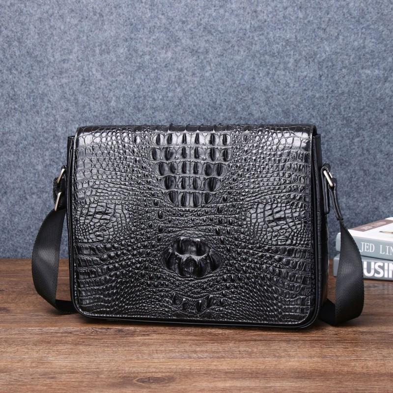 Crocodile Bone Pattern Horizontal Men s Bag Classic Mailman Genuine Leather Single Shoulder Diagonal Cross Outdoor Backpack 33x8x26 чёрный