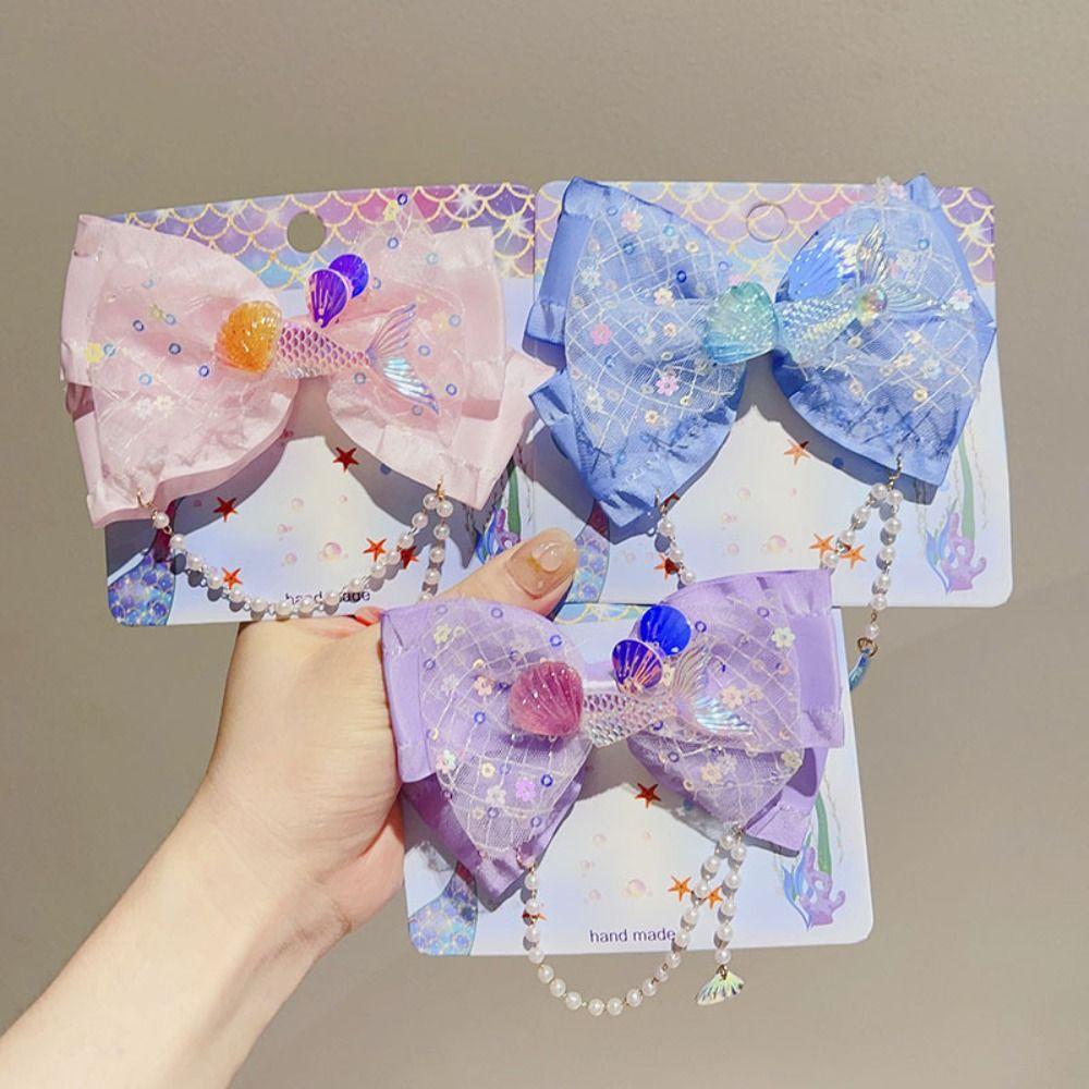 

Pearl Bow Mesh Hairpin Fringe Baby Head Wear Fresh Mermaid Princess Hair Clip Children
