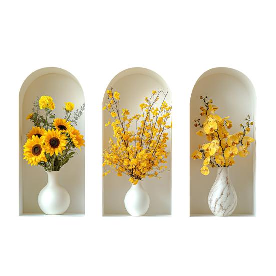 3Pcs 3D Flower Wall Stickers, Realistic Flowers Vase Wall Decals, Waterproof Self-Adhesive Potted Plants Stickers, Greenery Wall Stickers for Living