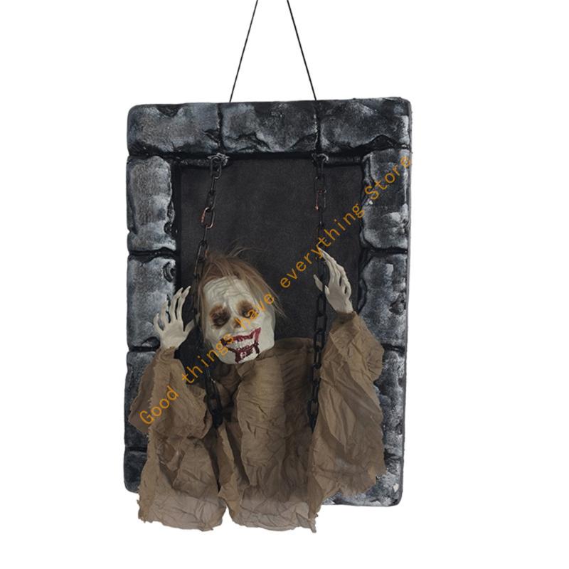 55KF Motion Activated Hanging Ghostly Gravestone Glowing Eyes Shaking Body And Eerie Sounds For Outdoor Horror Decorations